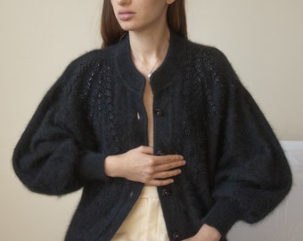 6530t / black angora beaded long cardigan sweater / s / m