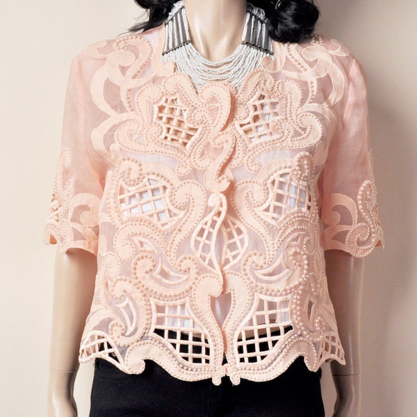 RESERVED. pink ornate cut out pearl bead jacket / lace / cardigan / m