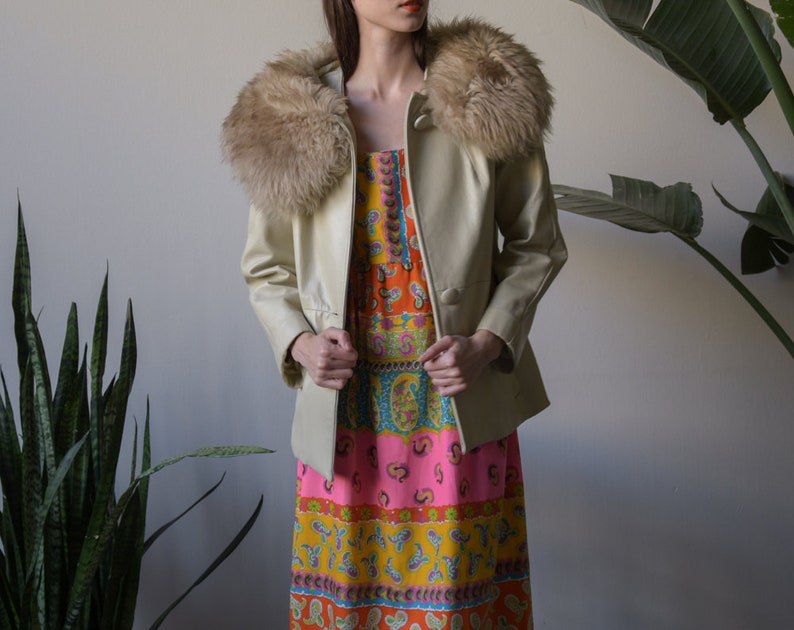 70s Silver Faux Fur Collar Leather Jacket Cropped Image 0