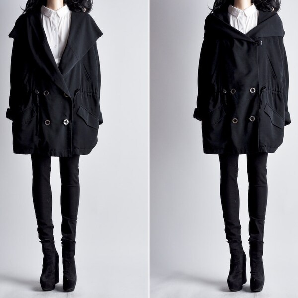 oversized black minimalist hooded rain jacket / s / m