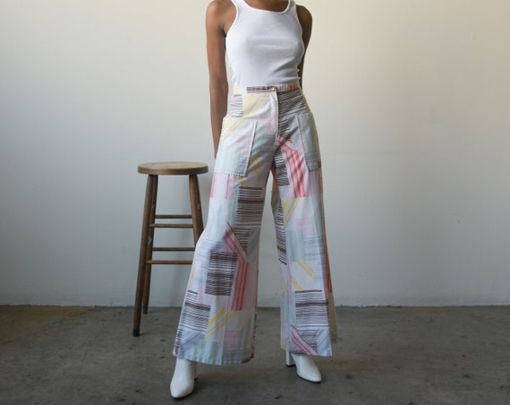 5793t / 70s white cotton patchwork print wide leg