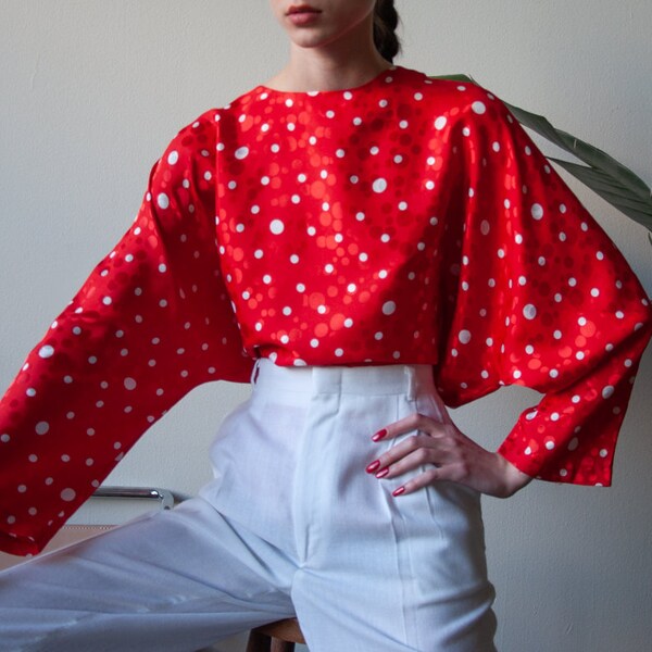 80s red polka dot blouse / wide dolman sleeve top / s / m / l / 3617t