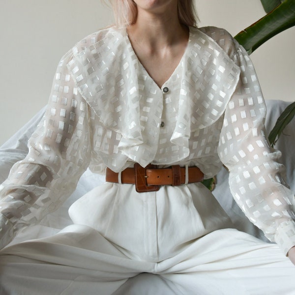 5228t/wit getextureerde Ruffle kraag blouse/semi pure Puff Sleeve blouse/dichter blouse/m