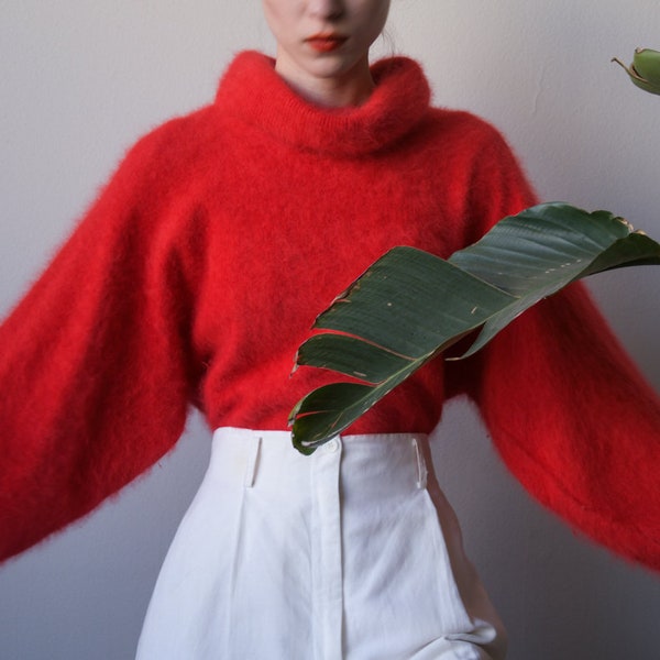 red angora turtleneck sweater / full sleeve sweater / s / m / 3744t