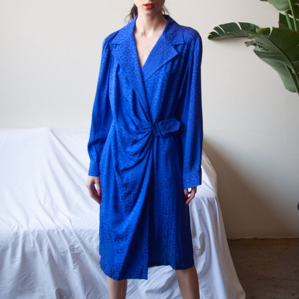 royal blue print silk wrap dress / wrap midi sleeveless dress / simple colorblock dress / m / US 12 petite / 2419d / B7