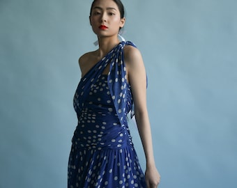 3282d / blue silk chiffon polka dot dress