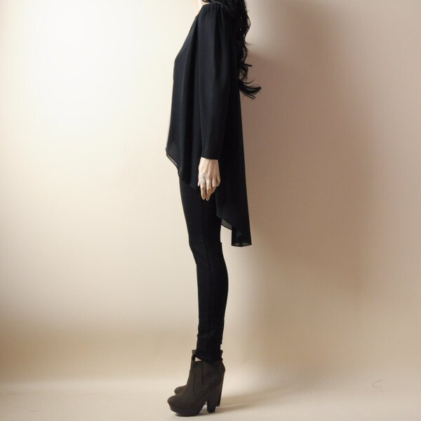black fishtail top. high low tunic. crepe chiffon. m
