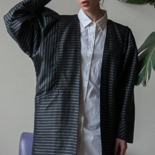 black silk puff sleeve coat / striped silk avant garde jacket / lightweight dramatic jacket / s / m / 2115o / B21