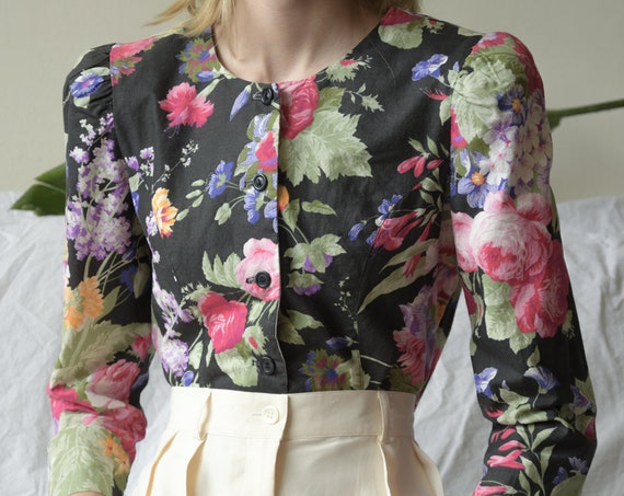 5567t / 80s cotton floral print puff sleeve top /