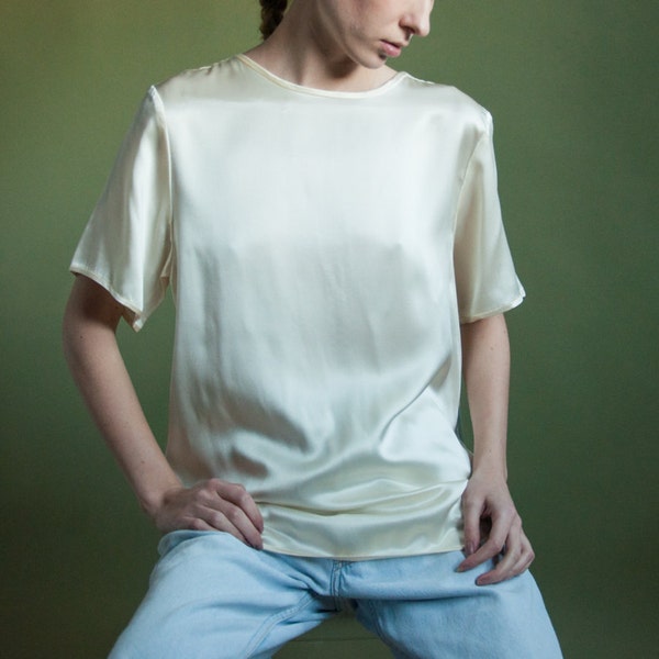 ivory silk charmeuse short sleeve tee / silk boxy blouse / minimalist oversized t shirt / s / m / 2038t / B18