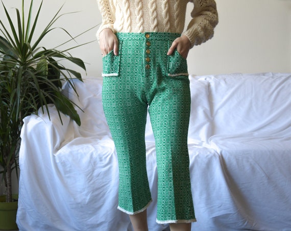 5690t / green knit cropped fringe pants / folk pat