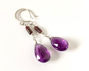 Amethyst and garnet earrings, sterling silver