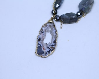 Jasper rock on labradorite and 18 k gold filled chain