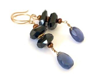 Black onyx and iolite earrings, 14k gold fill