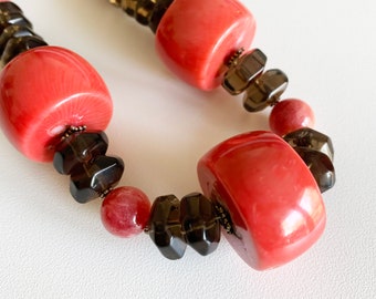 Red coral smoky quartz necklace