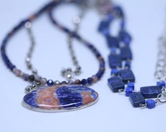 Jasper and Lapis Lazuli pendants on 6mm faceted roundells and lapis on sterling silver chain