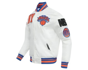 NBA New York Knicks Stain Jacket, Unisex Champions Mashup Log Jacket, White Satin Letterman Style Pro Standard White Bomber Jacket