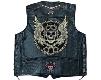 Tiger Leather Vest Moto Biker Jacket Casual Street wear Embroidered Patches Sleeveless Locomotive Club Punk Sheepskin Waistcoat