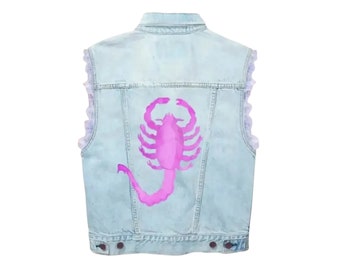 Barbie Beach Ken Gilet di jeans, Gilet da uomo Ryan Gosling, Patch di scorpione rosa, Gilet di jeans in stile classico, Regalo per lui