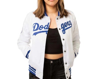 1980 Dodgers Los Angeles Satin Jacket, Unisex Varsity Bomber White Stain Jacket, Lightweight Satin Full Snap Letterman Style , Gift For Him