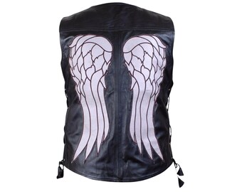 The Walking Dead Daryl Dixon Angel Leather Vest | Black Real Leather Biker Waistcoat | Motorcycle Rider Sheepskin Leather | Gift For Him