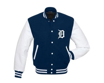 Unisex Letterman Detroit Tigers Blau-Weiße Varsity-Jacke, Wende-Wolljacke mit echten Lederärmeln, Geschenk für Ihn