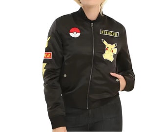 Pokemon Pikachu Varsity Jacket, Unisex Pikachu Anime Jacket, Black Satin Letterman Style Bomber Jacket, Gift For Him