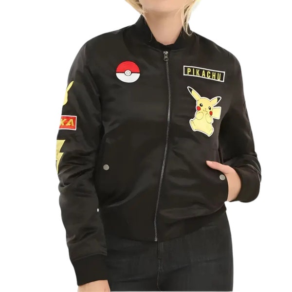 Pokemon Pikachu Varsity Jacket, Unisex Pikachu Anime Jacket, Black Satin Letterman Style Bomber Jacket, Gift For Him