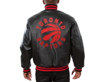 Schwarze Herren-Bomberjacke der Toronto Raptors im JH-Design, Big & Tall Full-Snap-Jacke aus echtem Leder, amerikanischer Basketball. Faszinierende schwarze Farbe