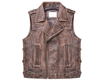 Mens Brown Real Leather Vest, Vintage Leather Vest, Sheepskin Leather Vest, Motorcycle Biker Vest, Classic Distressed Handmade Waistcoat