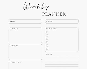 May include: A black and white weekly planner with the words "Weekly Planner" at the top. The planner has sections for each day of the week, including Monday, Tuesday, Wednesday, Thursday, Friday, Saturday, and Sunday. There are also sections for "Week", "Month", "Priorities", "Notes", and a blank space for writing.