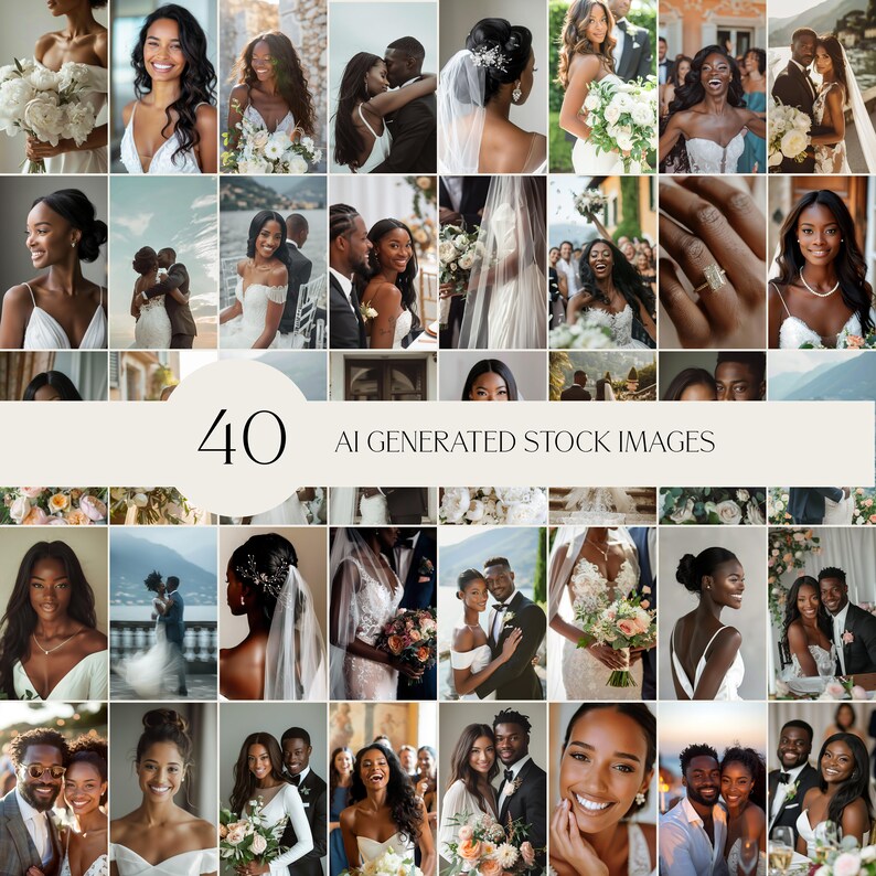May include: A collage of 40 AI-generated stock images featuring couples in various wedding-themed settings. The images showcase diverse couples in different poses and locations, including a couple holding a bouquet of flowers, a couple embracing, and a couple standing in front of a scenic backdrop.