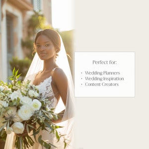 May include: A bride wearing a white lace wedding dress and a long white veil holds a large bouquet of white flowers. The bride is standing in front of a building with a terracotta roof.