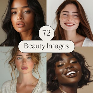 May include: A collage of four images featuring close-up portraits of women with different skin tones and hairstyles. The images are arranged in a grid pattern with a white circle containing the number "72" and a white oval with the text "Beauty Images" in the center.