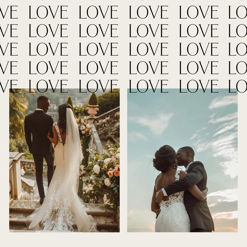 May include: Two couples in wedding attire, one couple is walking down a stone staircase with a floral arrangement, the other couple is kissing in front of a blue sky with white clouds.