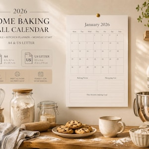 Könnte beinhalten: Ein 2026 Home Baking Wandkalender mit Wochenstart am Montag, inklusive Januar 2026 Kalenderblatt, Backnotizen und Einkaufsliste. Der Text enthält die Maße A4 21 x 29,7 cm und US Letter 21,6 x 27,9 cm für diesen druckbaren Küchenplaner.