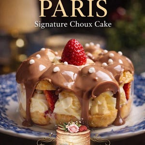 Puede incluir: Un pastel Paris Signature Choux con ganache de chocolate, fresas y crema, sobre un plato con estampado azul y blanco. El pastel está cubierto con una sola fresa y chispas de perlas blancas. La imagen incluye el texto "Mirage Pastry Recipes".
