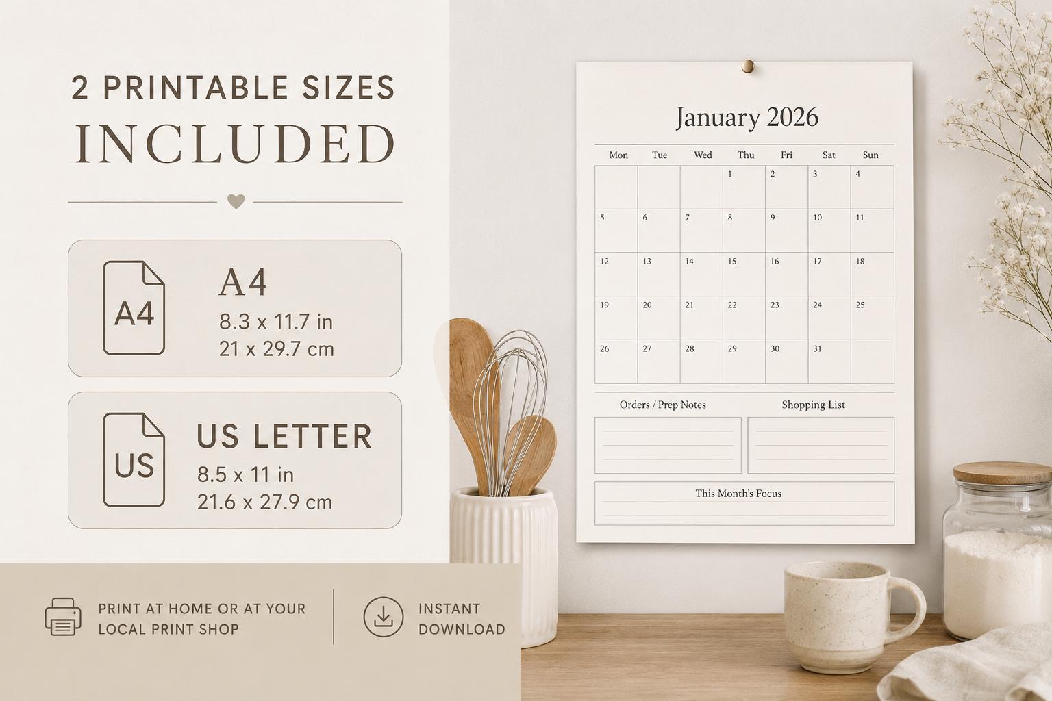 2026 Baker’s Wall Calendar Printable | Baking Business Planner | Cake ...