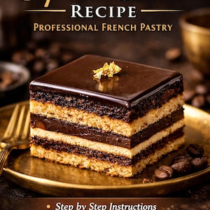 Könnte beinhalten: Ein quadratischer Opernkuchen mit Schichten aus Biskuit und Schokoladen-Ganache, bedeckt mit glänzendem Überzug und Blattgold. Der Kuchen liegt auf einem goldenen Teller mit Kaffeebohnen. Text: "Opera Cake Rezept, Professionelles französisches Gebäck".