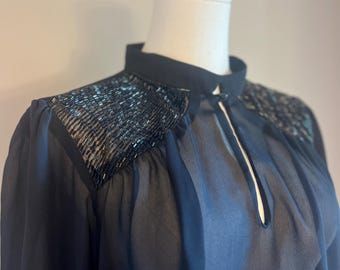 1970s Vintage Black Dress, Sheer Beaded Cocktail Dress, Studio 54 Style, Naked Trend