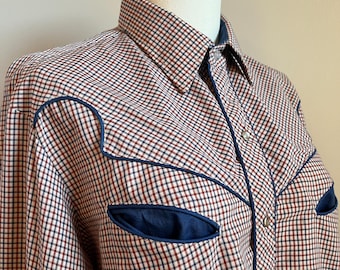 Vintage 70s Kenny Rogers Western Shirt: Blue Burgundy Plaid, Pearl Snaps