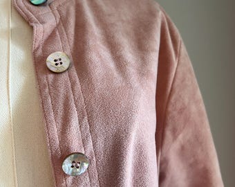 1970s Vintage Ballet Pink Vera Maxwell Duster, Ultrasuede Collarless Coat, Ladylike Layering Piece