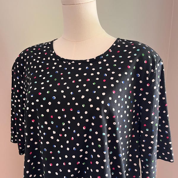 1980s Vintage Boxy Top, Polka Dot 80s Party, Short-Sleeved Drapey Blouse