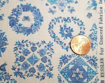 LOVELY vintage folk print fabric GENEROUS 1/4 yard blue hearts