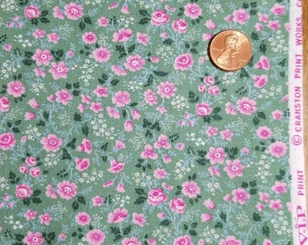 GENEROUS 1/4 yard vintage V.I.P. Cranston fabric pink floral on sage background