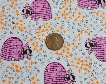 GENEROUS 1/4 yard VINTAGE fabric PINK beehives and bees