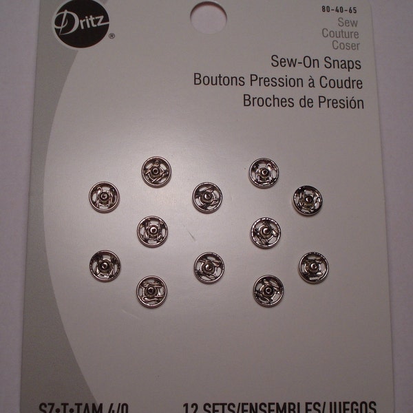 DRITZ Sew-On Snaps 12 sets of 2 pcs per card Size 4/0 metal TINY SEWING for dolls