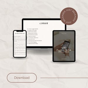 Op de afbeelding: Een digitale marketingafbeelding met een laptop, tablet en smartphone. De laptop toont het woord "content" en een lijst met onderwerpen. De tablet toont de tekst "200 Faceless TikTok & Reel Ideas". De smartphone toont "product showcase". Onderaan staat een "Download"-knop.