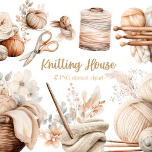 Op de afbeelding: Waterverfillustratie van breibenodigdheden, waaronder bollen wol, breinaalden, een schaar en een mand. De tekst "Knitting House" en "47 PNG element clipart" zijn zichtbaar. Het kleurenpalet is zacht, met beige en bruine tinten.