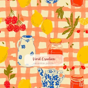 May include: A seamless pattern featuring lemons, raspberries, and jars of jam on a checkered background. The design includes a teapot and a pitcher with blue floral patterns. The text "Vivid Creation seamless pattern" is also present.